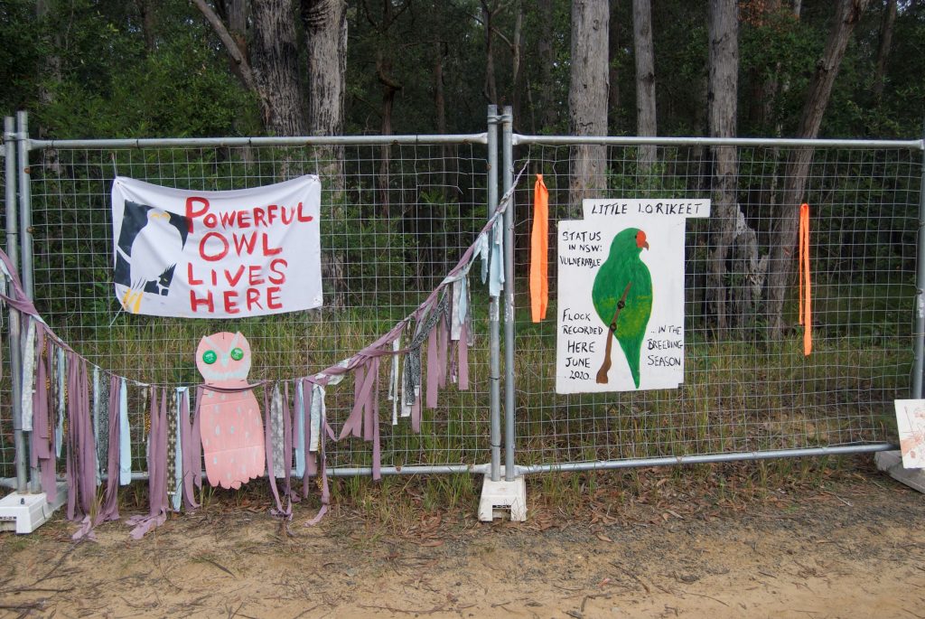 protest signs on the temporary fence closing in the unburnt Manyana bushland