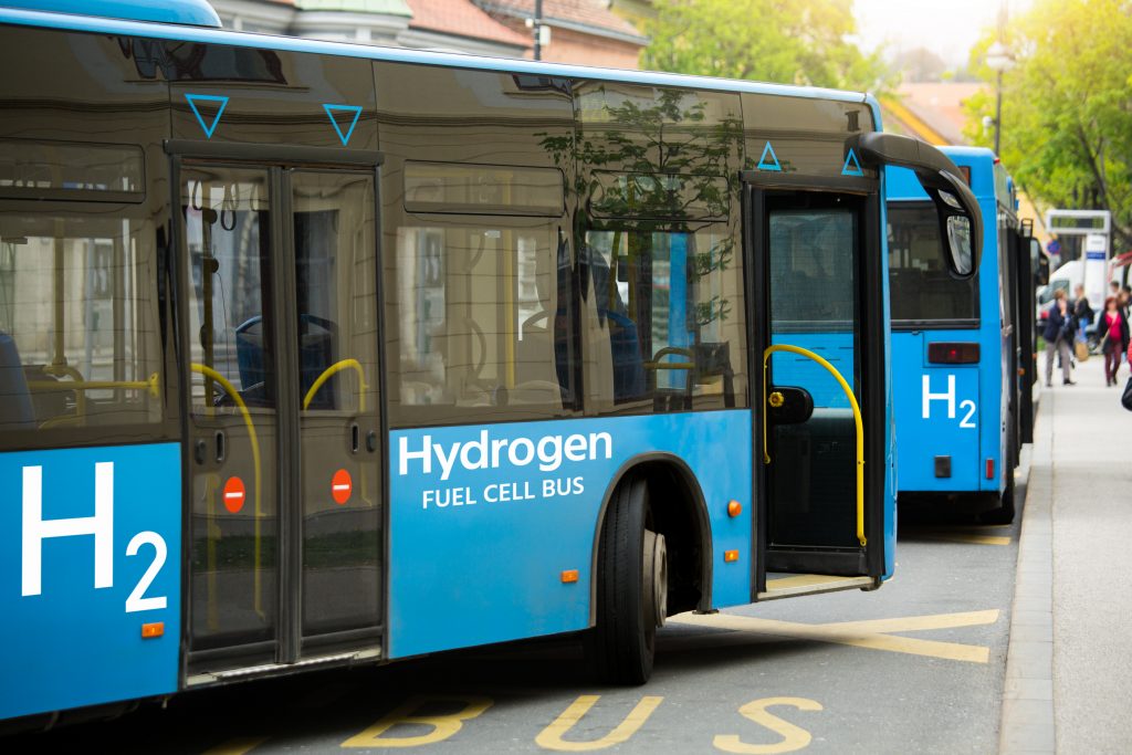 Hydrogen Fuel Cell buses waiting at bus station in Berlin, Germany, 2018