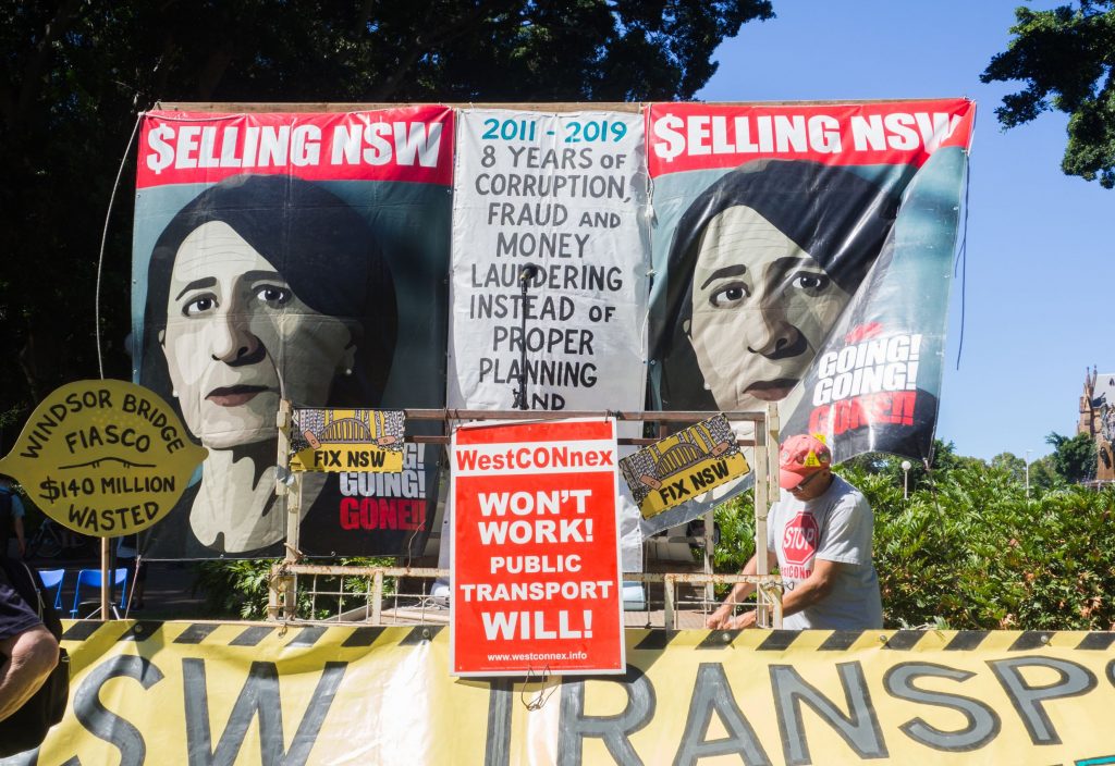 Protest in Sydney in March 2019 against NSW Premier Gladys Berejiklian's many expensive and unwanted development projects