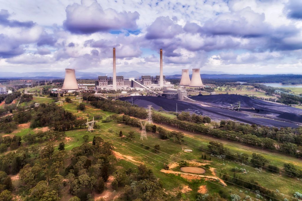 Highly polluting and using non-renewable resources. Liddell coal fired power station and open cut mine for extraction of black coal, Hunter Valley