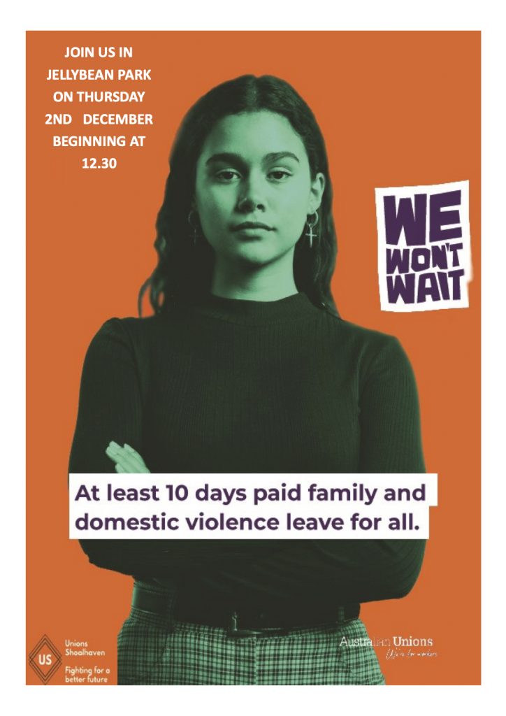 Event poster for We Won't wait campaign in Jellybean Park Nowra on 2nd of December 2021 for support for domestic violence victims