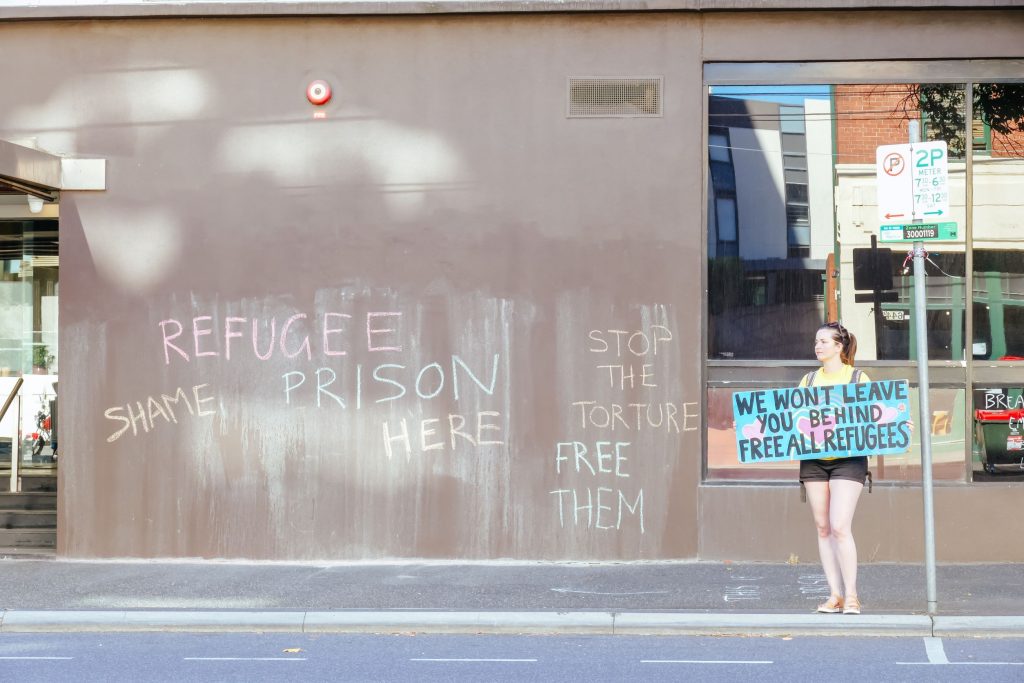 Protest at the refugee detention centre outside The Park Hotel in Melbourne, January 2022. 