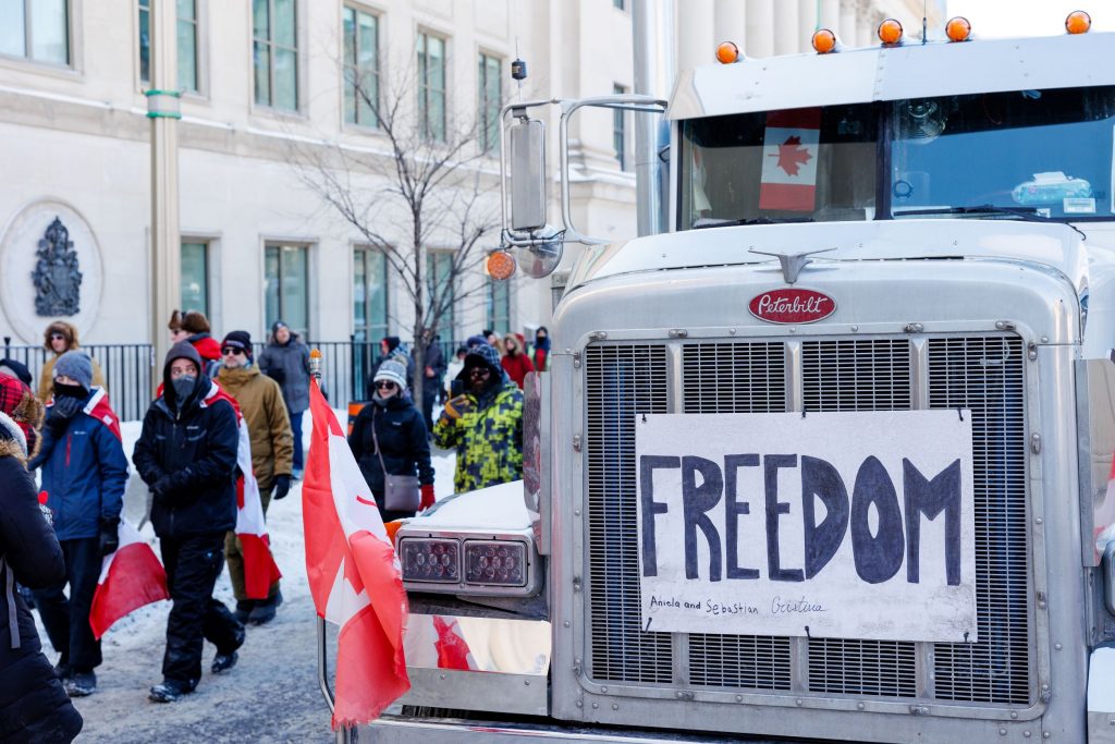 Ottawa, Canada, February 2022 - The Freedom Convoy and their supporters occupied the streets of Ottawa to protest vaccine mandates.
