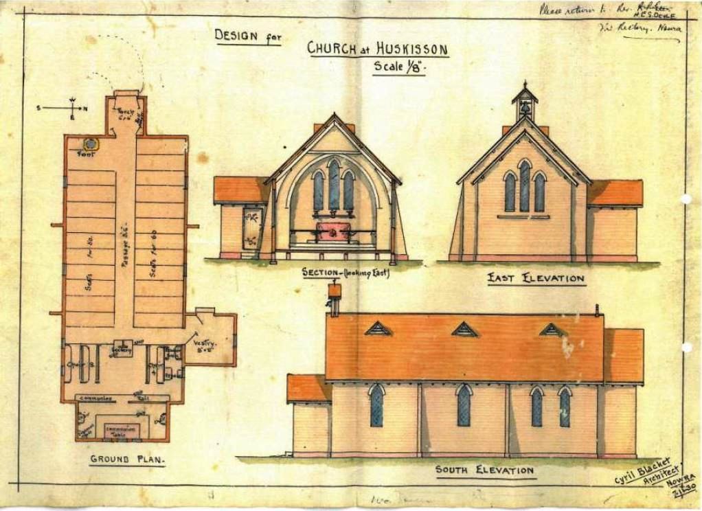 The original architectural drawings of Huskisson Church prepared by Cyril Blacket in 1930