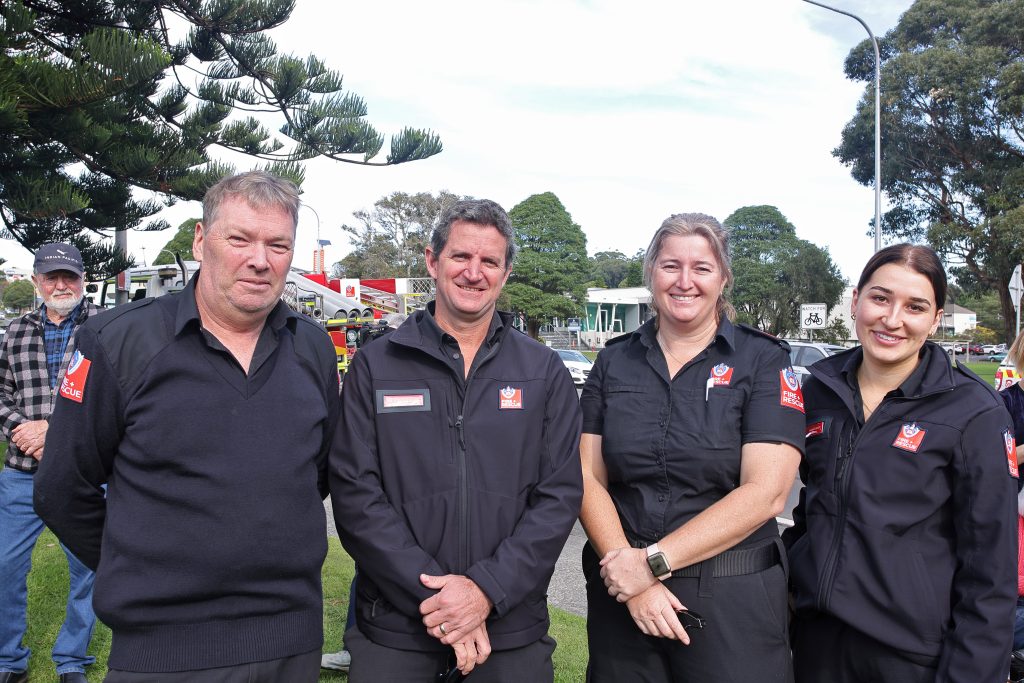 local fire and rescue volunteers at Ulladulla Harbour to celebrate the opening of the art work Gateway sculpture to remember the 2019/2020 Black Summer bushfires
