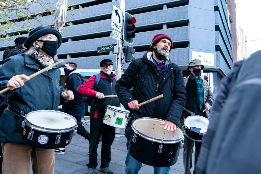 Drummers at the Blockade Australia climate action week 27 June - 2 July 2022 in Sydney