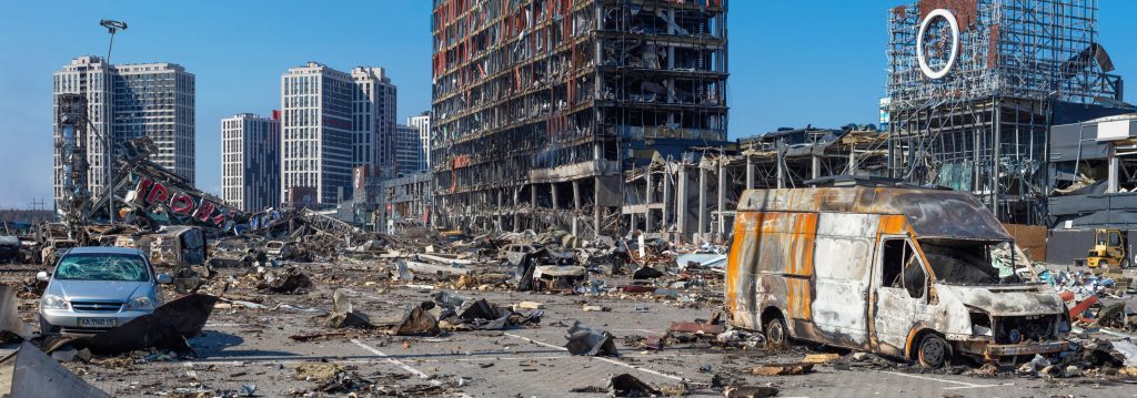 A bombed out shopping mall in Kyiv, Ukraine, after a missile airstrike by Russian troops. War is said to have caused $108 billion in damage to Ukraine’s infrastructure. An estimated 3.5 million people are homeless.