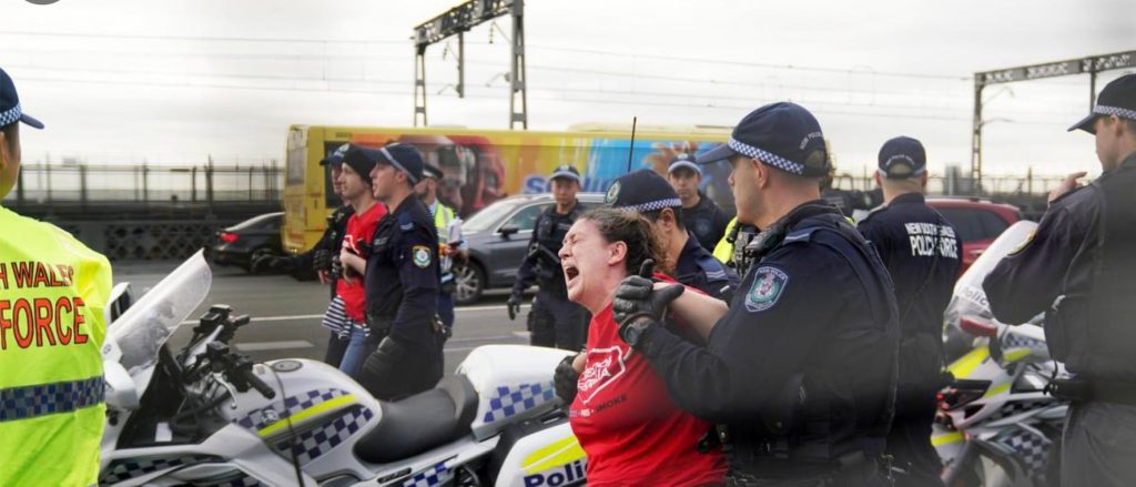 In response to recent non-violent protest campaigns by Blockade Australia and Fireproof Australia, laws were passed imposing large fines, extreme bail conditions and two year jail terms on individuals protesting on bridges and roads, and a special task force, Strike Force Guard III, was established to target these groups.