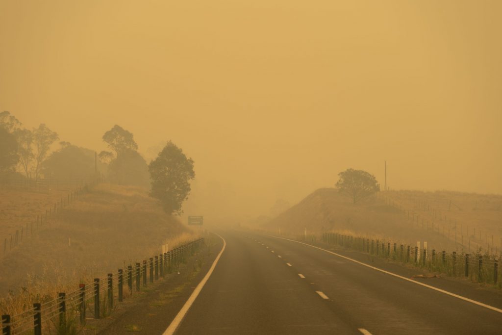Snowy Mountains Highway shrouded in smoke during the 2019/2020 Black Summer Bush fires